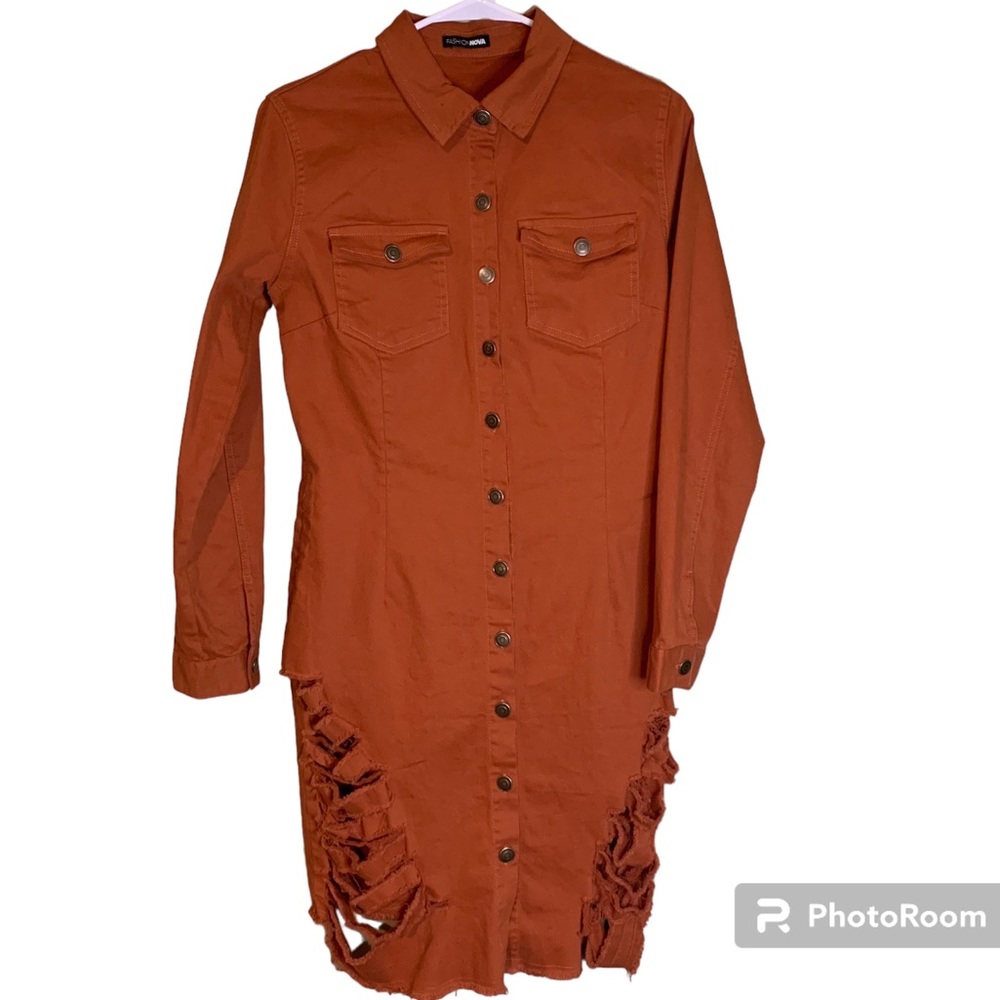Rusty Orange Collared Mini XL Long Sleeve Button Down Dress